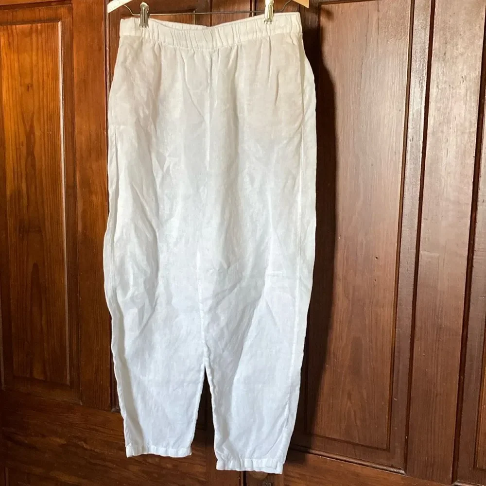 ZARA 100% Linen White Tapered Pull On White Pants With Pockets Size M